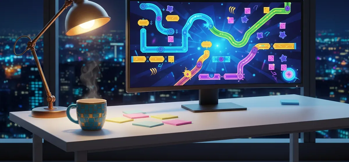 A game designer's desk at night with colourful level sketches on a monitor
