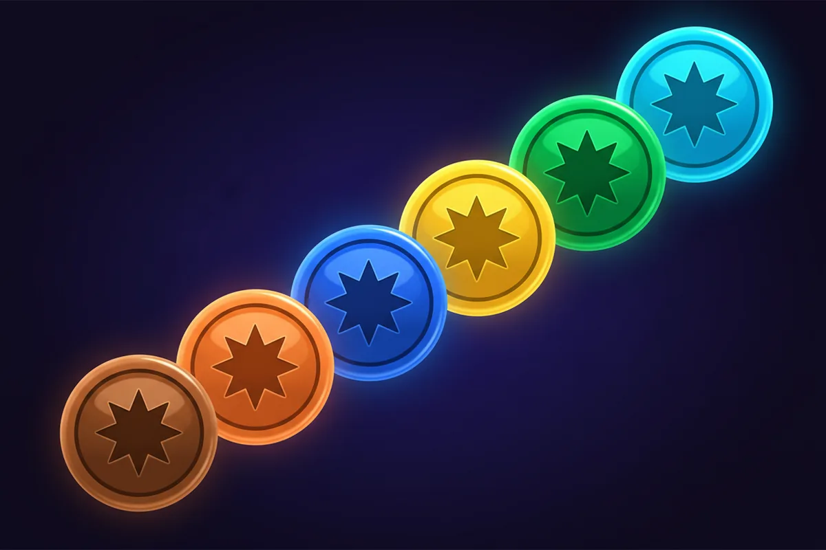 Six enamel tier badges from clay to azure